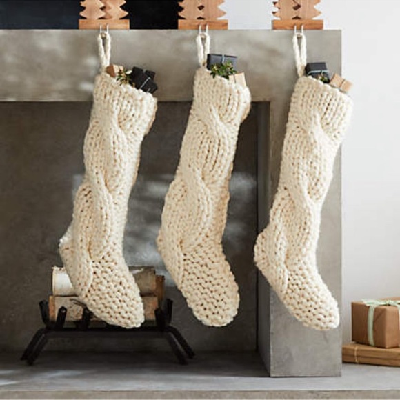 Set of 2 Crate & Barrel Cozy Cable Knit Stockings Ivory 27x7 - Picture 2 of 4